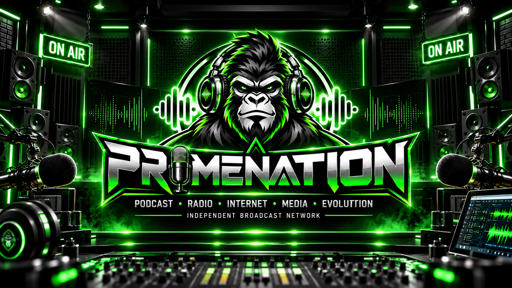 PRMENATION radio network banner with confident gorilla, broadcast microphone and electric green audio waves